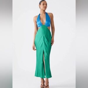 San Sloane Blue & Green Halter Cutout Maxi Dress Small